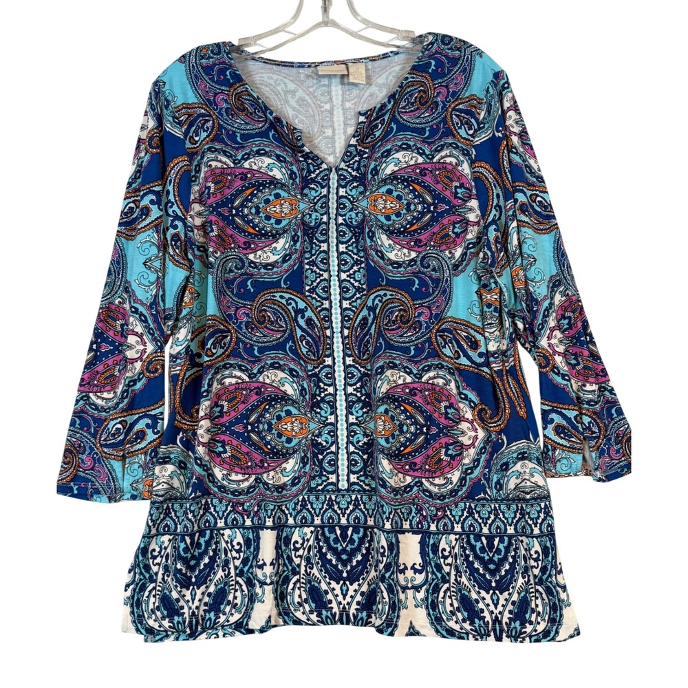Chicos Womens Size 2 Large Blue Paisley 3/4 Sleeve Split Neck Tunic Top Stretch